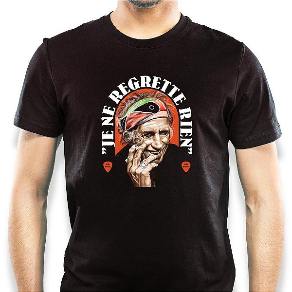 Camiseta rock Rolling Stones Keith Richards Je ne Regrette Rien tamanho adulto na cor preta premium