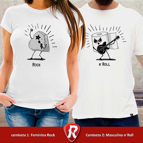 Kit 2 Camisetas Pedra e Papel Premium brancas com a palavra Rock Feminina e N Roll Masculina