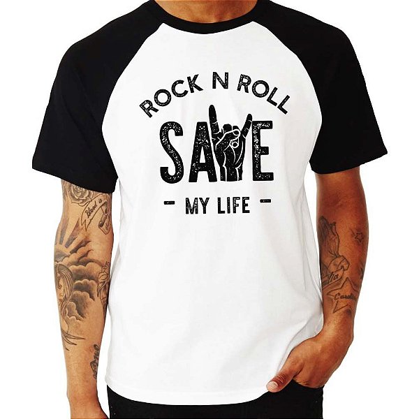 Camiseta rock Raglan Rock n Roll Save My Life tamanho adulto com mangas curtas na cor preta Premium