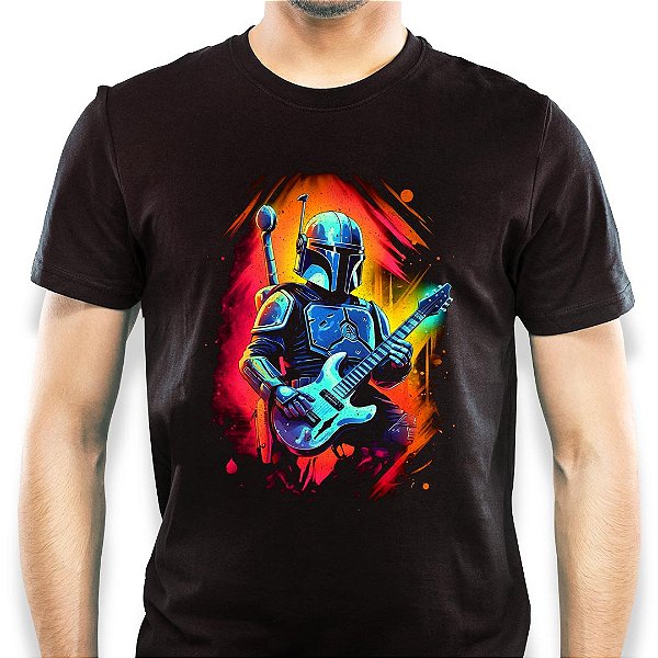 Camiseta rock premium The Mandalorian guitar player tamanho adulto de mangas curtas na cor preta