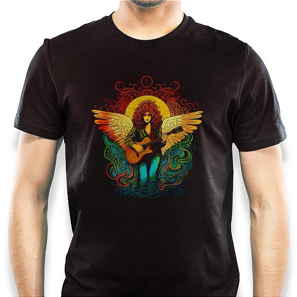 Camiseta rock premium Led Zeppelin Robert Plant Angel tamanho adulto de mangas curtas na cor preta
