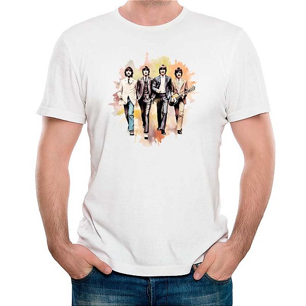 Camiseta Rock Premium Beatles Aquarela tamanho adulto na cor branca