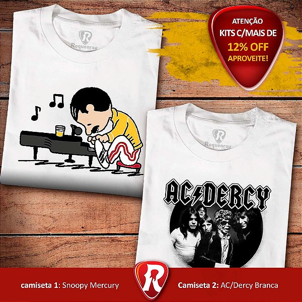 Kit 2 Camisetas premium Snoopy Mercury Masculina Branca e AC/Dercy Masculina Branca