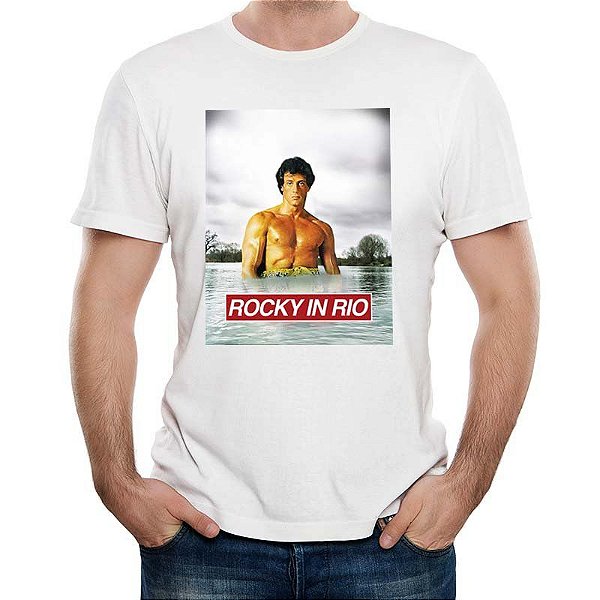 Camiseta premium Rocky in Rio Branca tamanho adulto com mangas curtas na cor branca Premium