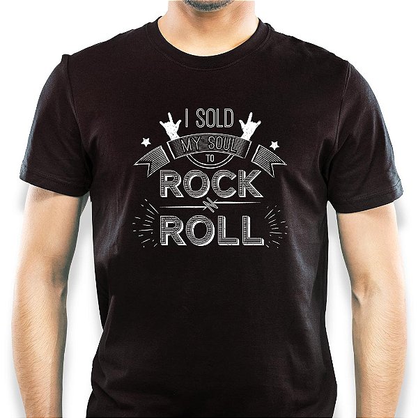 Camiseta Sold My Soul to Rock tamanho adulto com mangas curtas na cor Preta Premium