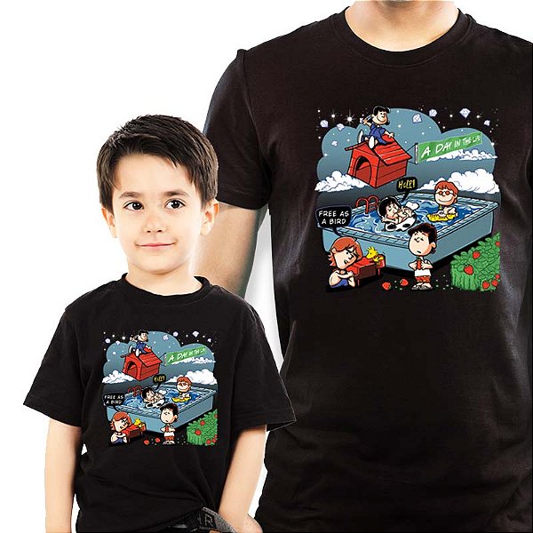 Kit Camisetas Premium Tal Pai tal filho Snoopy Beatles Masculina e Infantil Unissex Pretas de mangas curtas