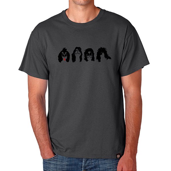 Camiseta rock Kiss Faces tamanho adulto com mangas curtas na cor cinza Premium