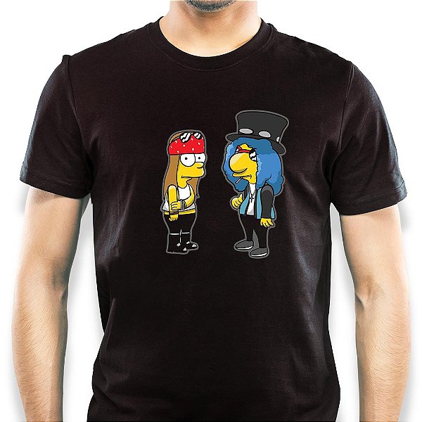 Camiseta rock Axl Bart e Milhouse Slash tamanho adulto com mangas curtas na cor Preta Premium