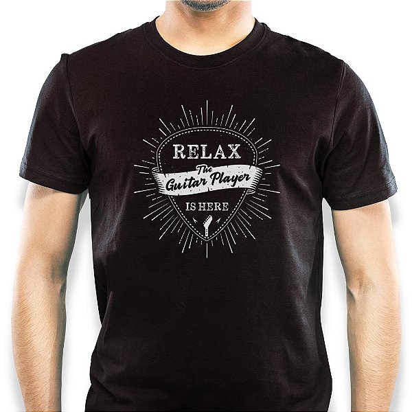 Camiseta rock Relax the Guitar Player is Here tamanho adulto com mangas curtas na cor Preta Premium