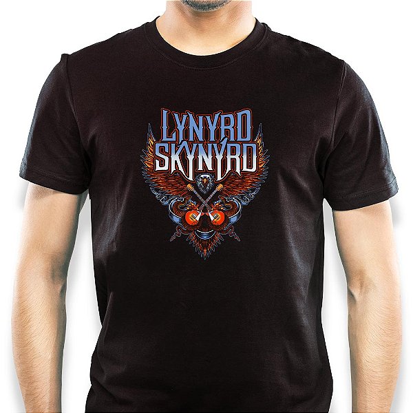 Camiseta rock Lynyrd Skynyrd Águia e Guitarras tamanho adulto com mangas curtas na cor Preta Premium