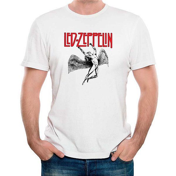 Camiseta rock Led Zeppelin Anjo Logo Tamanho adulto com mangas curtas na cor Branca Premium