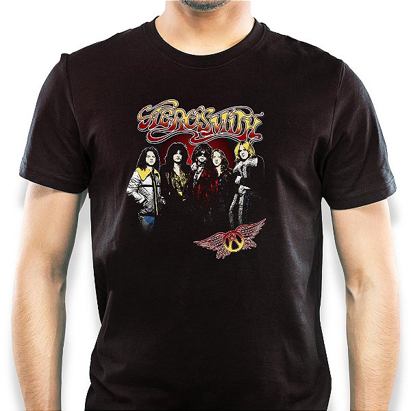 Camiseta Aerosmith integrantes tamanho adulto com mangas curtas na cor Preta Premium