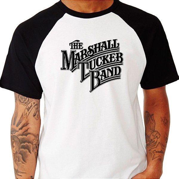 Camiseta The Marshall Tucker Band Logo Retrô Raglan tamanho adulto na cor branca com mangas pretas