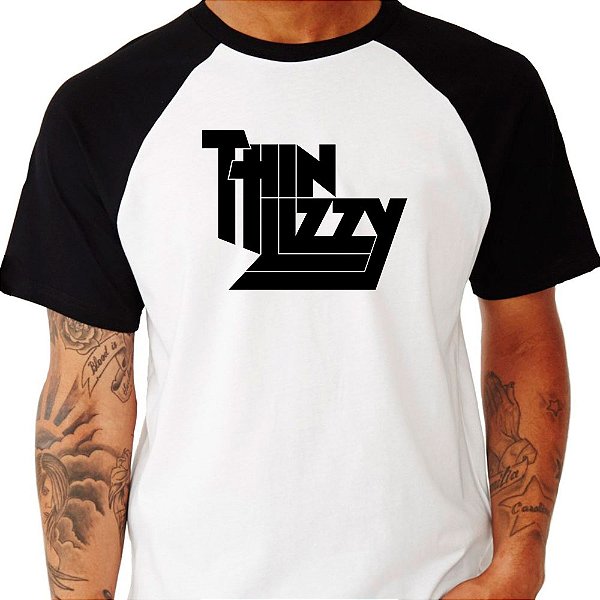 Camiseta Thin Lizzy Logo Retrô Raglan tamanho adulto na cor branca com mangas pretas