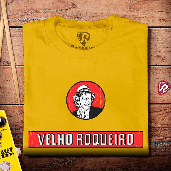 Oferta Relâmpago - Camiseta masculina GG mostarda Velho Roqueiro Keith Richards premium