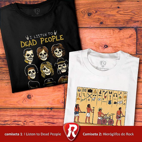 Camisetas premium I Listen to Dead People Masculina Preta e Hieróglifos do Rock Masculina Branca