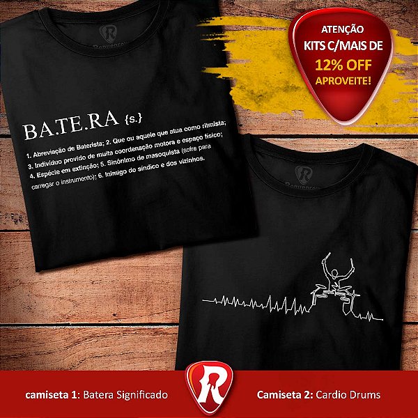 Kit 2 camisetas pretas masculinas premium Batera Significado e Bateria Cardio Drums