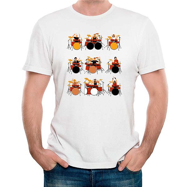 Camiseta Bateristas do Rock tamanho adulto com mangas curtas na cor Branca Premium