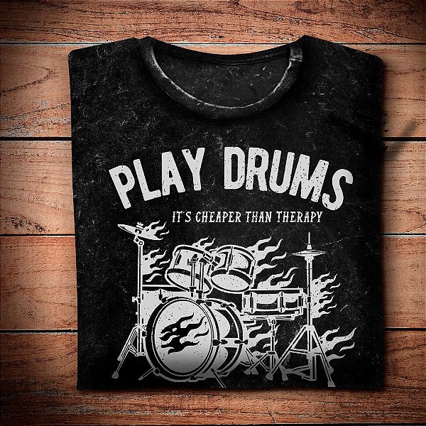 Oferta Relâmpago - Camiseta M e  Masculina Preta Play Drums Premium Estonada