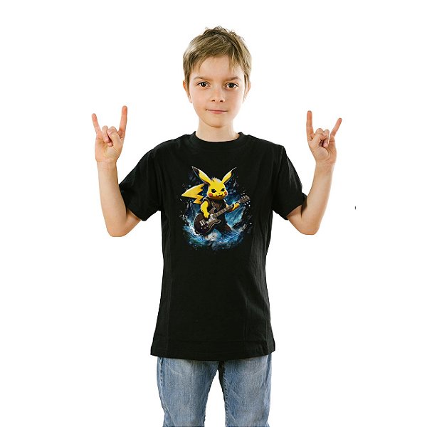 Camiseta Pikachu Guitar Player Unissex Infantil Preta