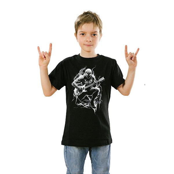 Camiseta Spiderman Guitar Player Unissex Infantil Preta