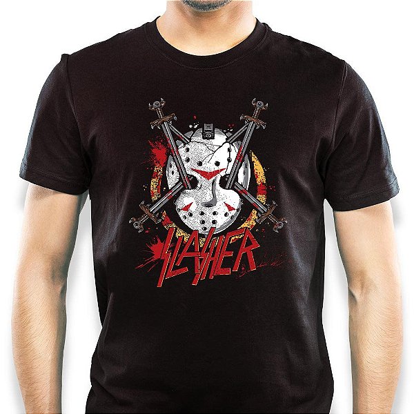 Camiseta rock Jason Slasher para adulto com mangas curtas na cor preta premium