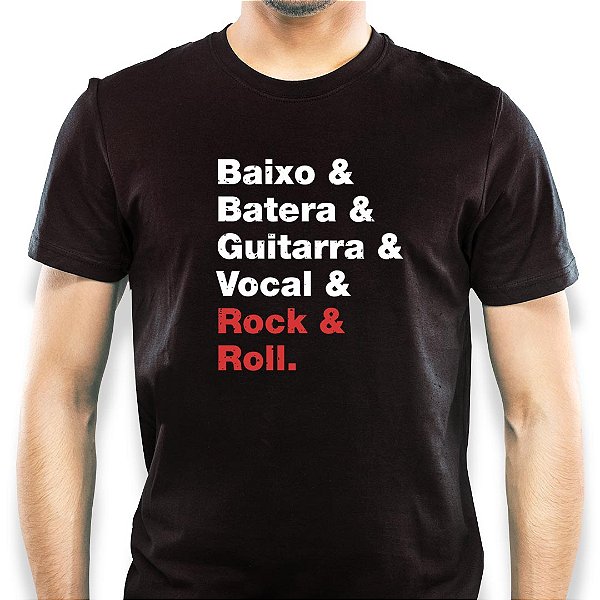 Camiseta Baixo Batera Guitarra Vocal Rock & Roll tamanho adulto com mangas curtas na cor Preta Premium
