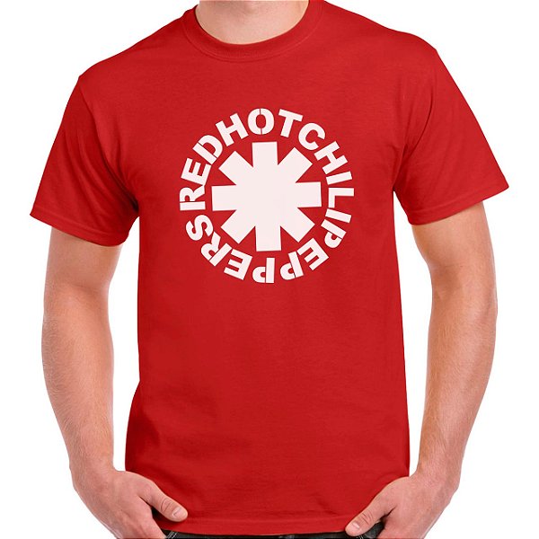 Camiseta na cor Vermelha com a Logo do Red Hot Chili Pepppers no tamanho adulto com mangas curtas Premium