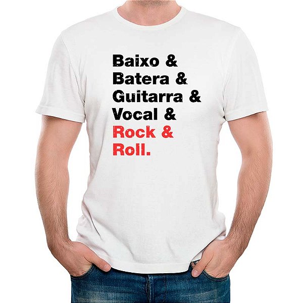 Camiseta Baixo Batera Guitarra Vocal Rock & Roll tamanho adulto com mangas curtas na cor Branca Premium