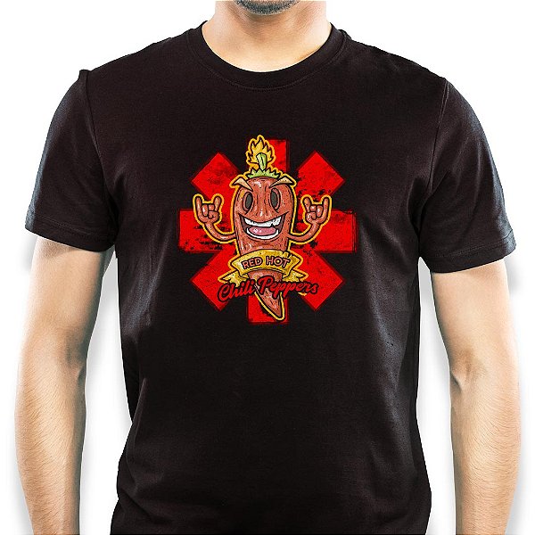 Camiseta Red Hot Chili Peppers Pimentinha tamanho adulto com mangas curtas na cor Preta Premium