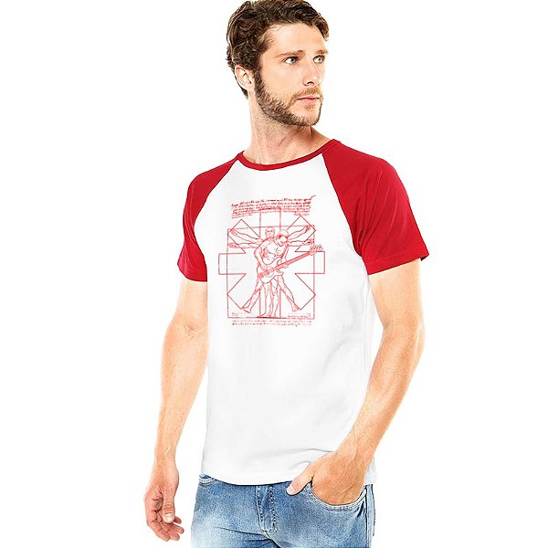 Camiseta rock Flea Vitruviano raglan masculina tamanho adulto branca com mangas vermelhas