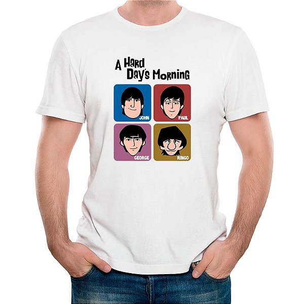 Camiseta Beatles Cartoon Hard Days Morning tamanho adulto com mangas curtas na cor Branca Premium