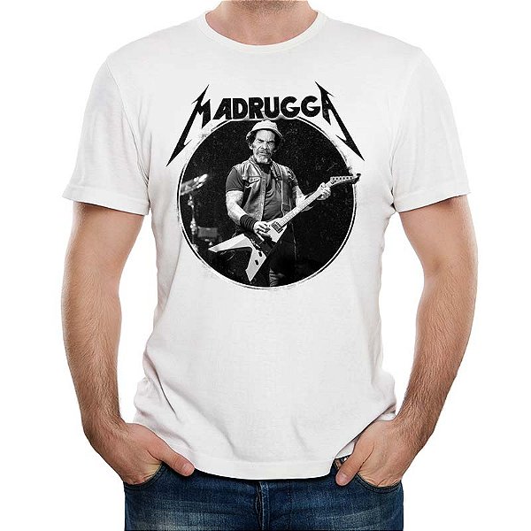Camiseta Rock Madruga Metaleiro Premium tamanho adulto com mangas curtas na cor branca