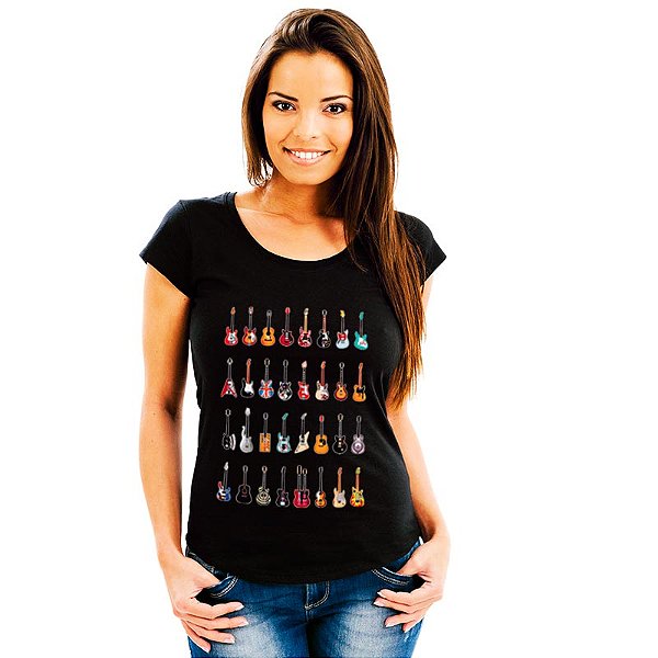Oferta Relâmpago - Camiseta P Feminina Preta Guitarras do Rock Premium