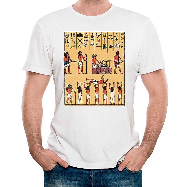 Camiseta Hieroglifos do Rock tamanho adulto com mangas curtas na cor branca