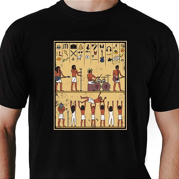 Camiseta Hieroglífos do Rock tamanho adulto com mangas curtas na cor preta