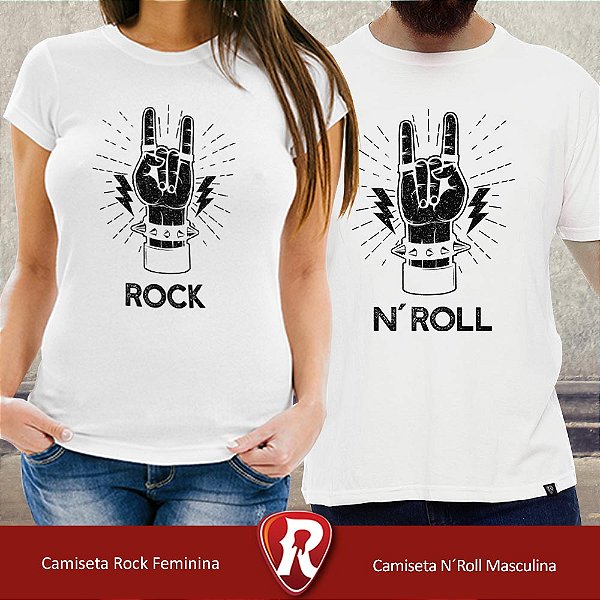 Kit 2 Camisetas Premium brancas com a plavra Rock Feminina e N Roll Masculina