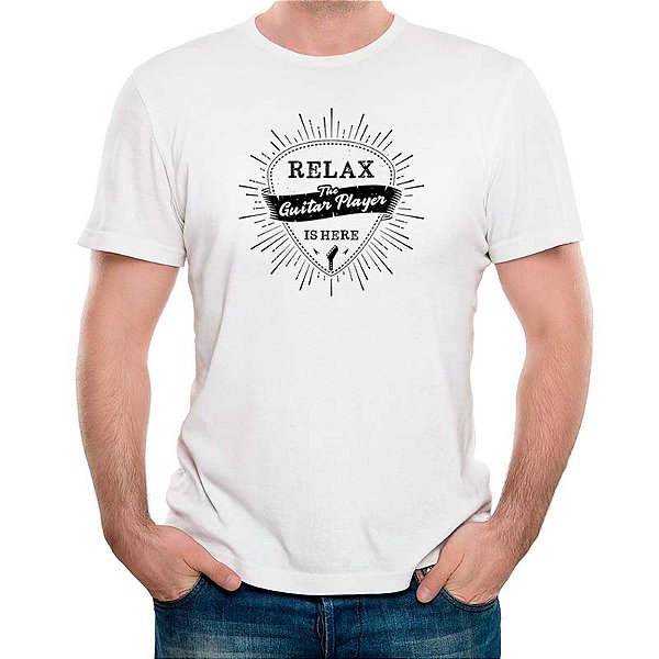 Camiseta Relax the Guitar Player is here tamanho adulto com mangas curtas na cor branca Premium