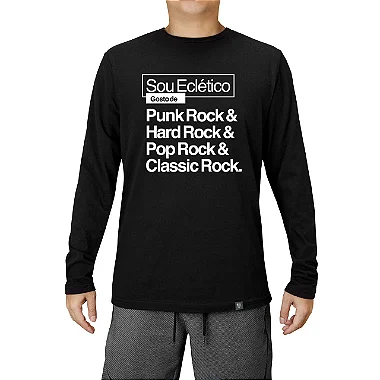 Camiseta rock Sou Eclético tamanho adulto com mangas longas na cor preta masculina
