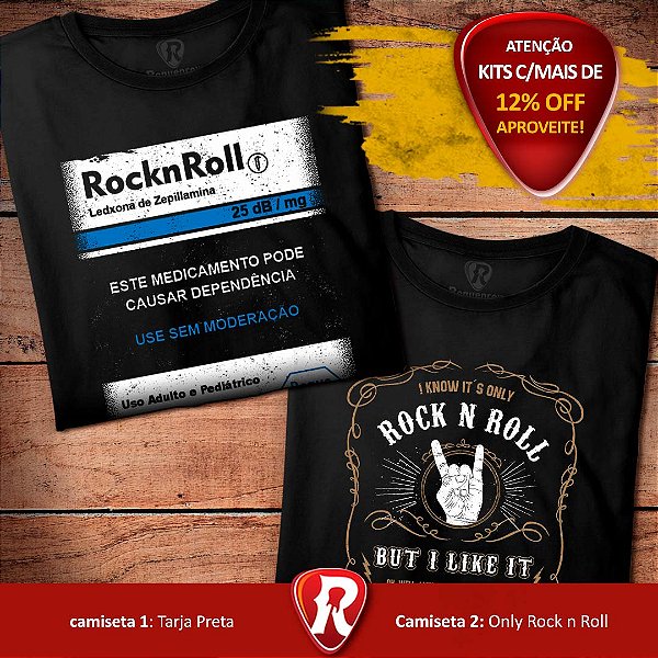 Kit 2 Camisetas Premium Tarja Peta e Only Rock and Roll Pretas Masculinas