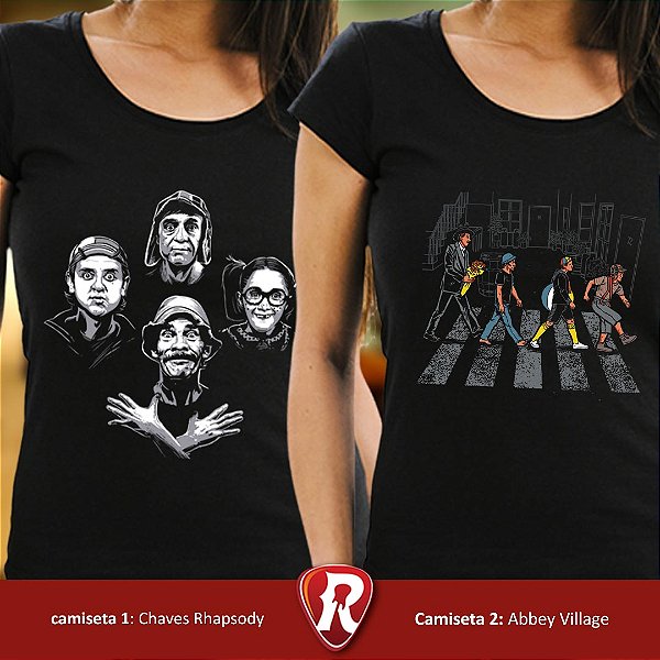 Kit 2 Camisetas Premium Chaves Rhapsody e Abbey Village pretas femininas