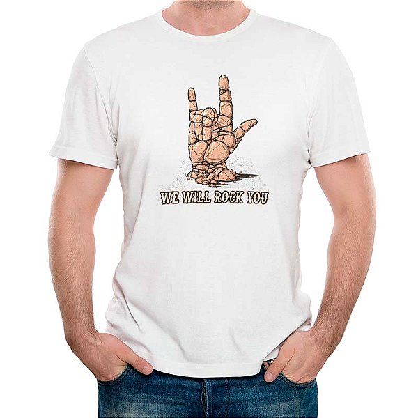 Camiseta We Will Rock You tamanho adulto com mangas curtas na cor branca Premium