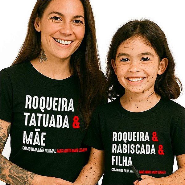 Kit Camisetas Feminina e Infantil Unissex Pretas de mangas curtas Tal mãe tal filha Tatuada e Rabiscada