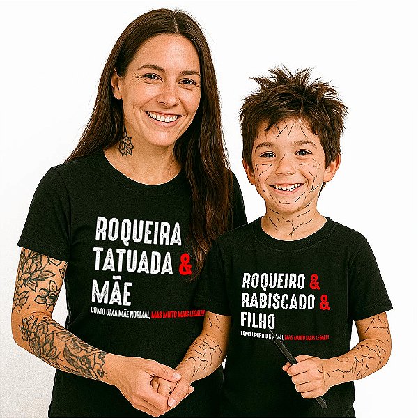 Kit Camisetas Feminina e Infantil Unissex Pretas de mangas curtas Tal mãe tal filho Tatuada e Rabiscado