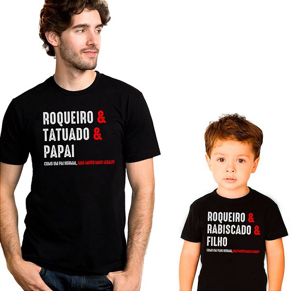 Kit Camisetas Masculina e Infantil Unissex Pretas de mangas curtas Tal pai tal filho Tatuado e Rabiscado