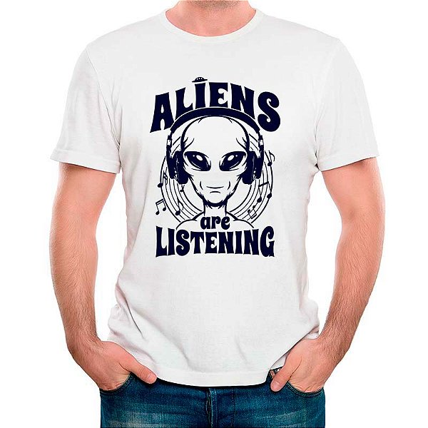 Camiseta Aliens are Listening tamanho adulto com mangas curtas na cor branca premium
