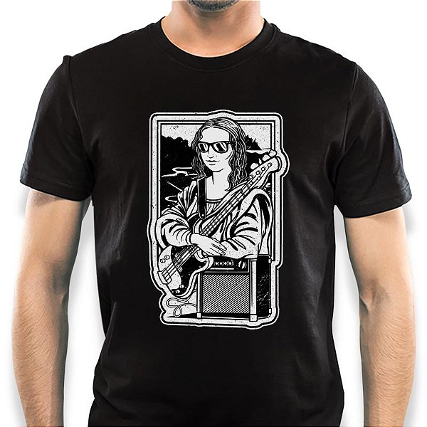 Camiseta Mona Lisa Baixista tamanho adulto com mangas curtas na cor preta premium