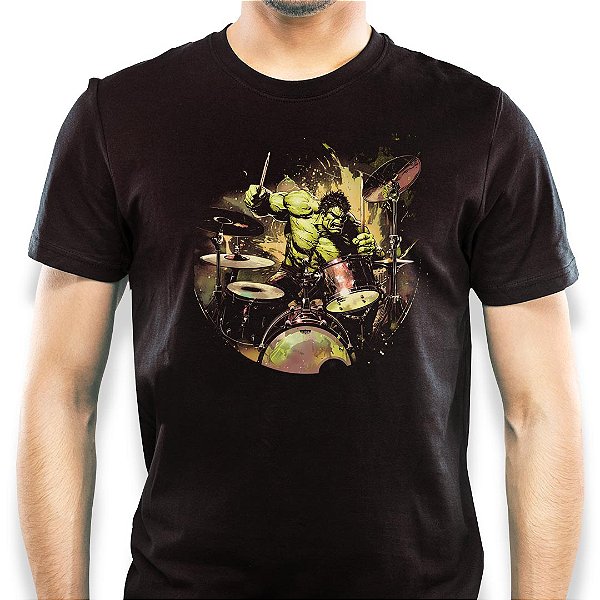 Camiseta Hulk Batera Rock Star tamanho adulto com mangas curtas na cor preta premium