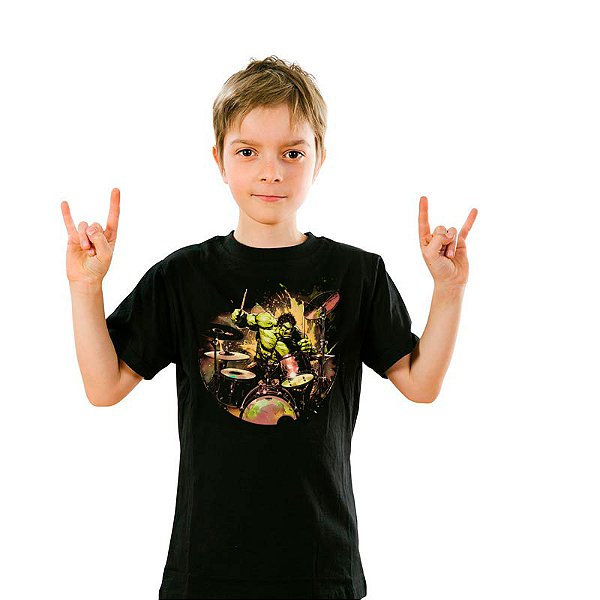 Camiseta Hulk Batera Rock Star Unissex Infantil Preta