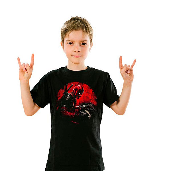 Camiseta Deadpool Rock Star on the Keyboard Unissex Infantil Preta